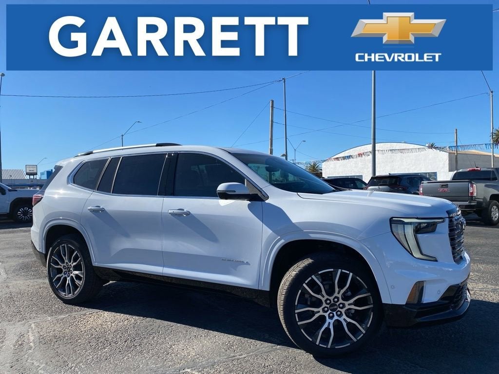 2026 GMC Acadia Denali Ultimate in Summit White — front three-quarter view