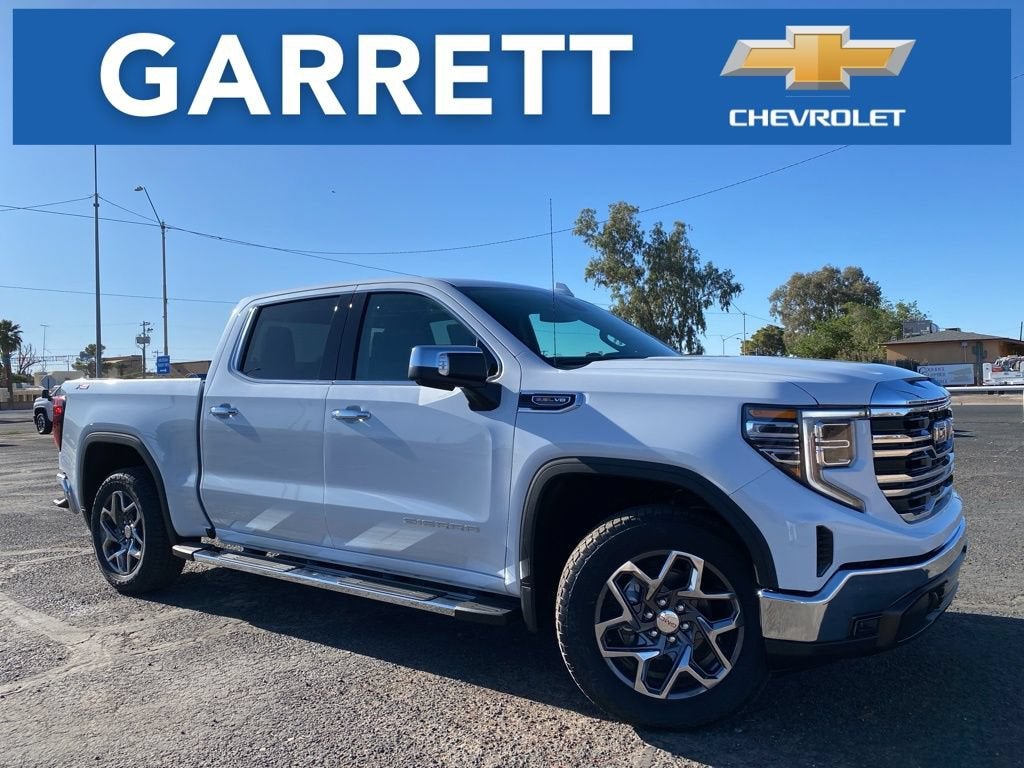 2026 GMC Sierra 1500 SLT in Glacier White Tricoat — front three-quarter view